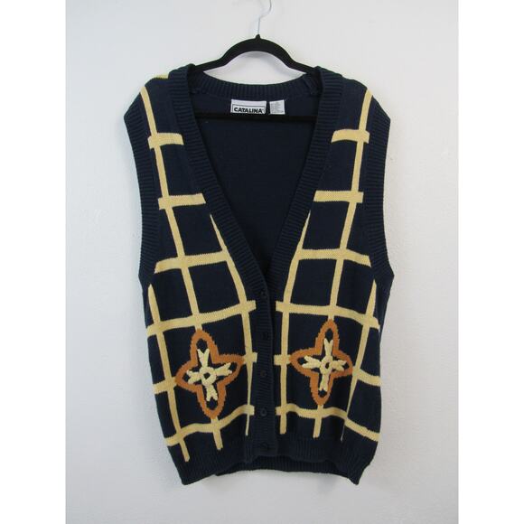 Catalina Medium Navy and Yellow Gold Window Pane Sweater Vest Button Front VTG - Picture 1 of 4